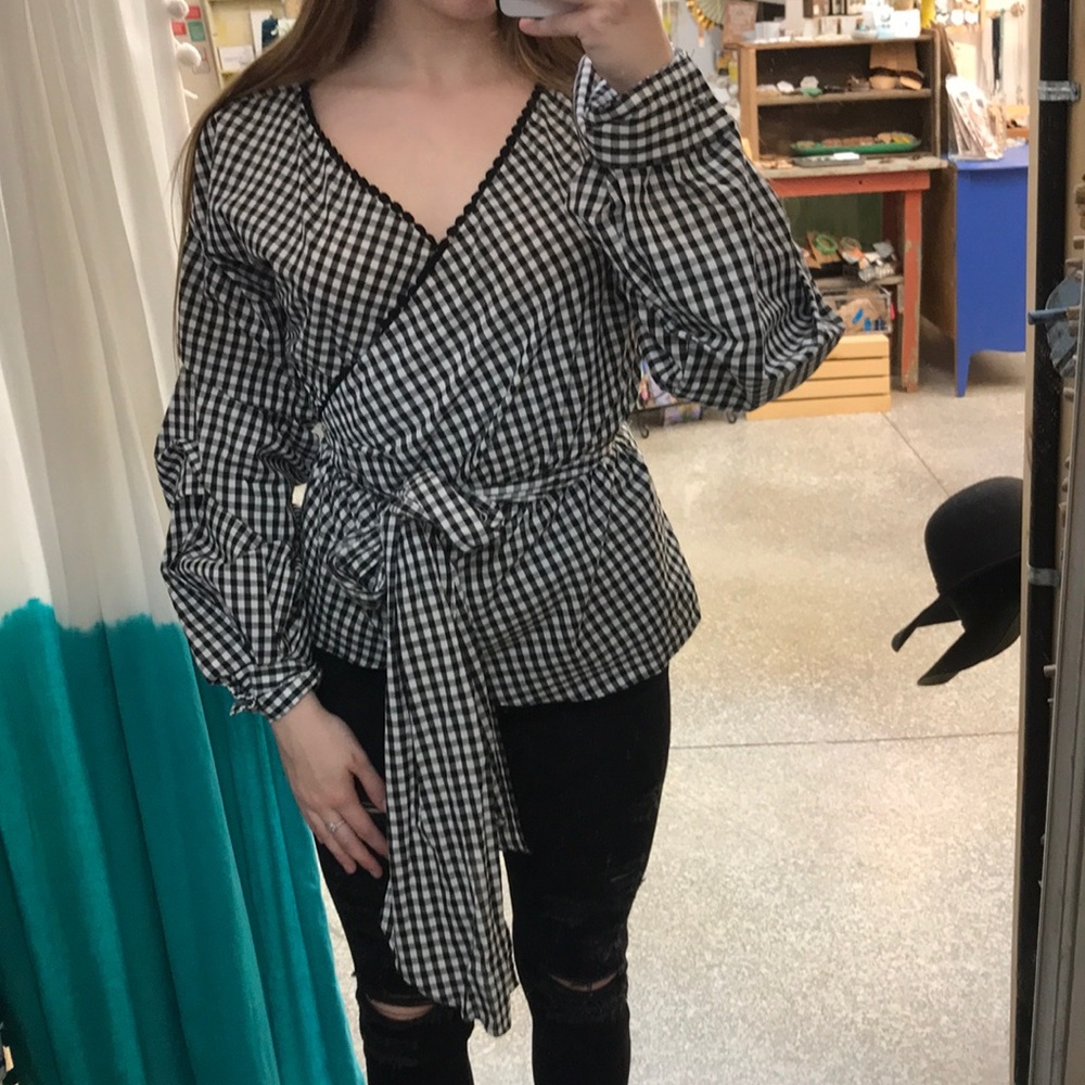Black and White Checkered Wrap-Around Top